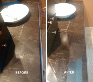 Before and After - Restoration of a Dark Emperador Marble Double-Bowl Vanity